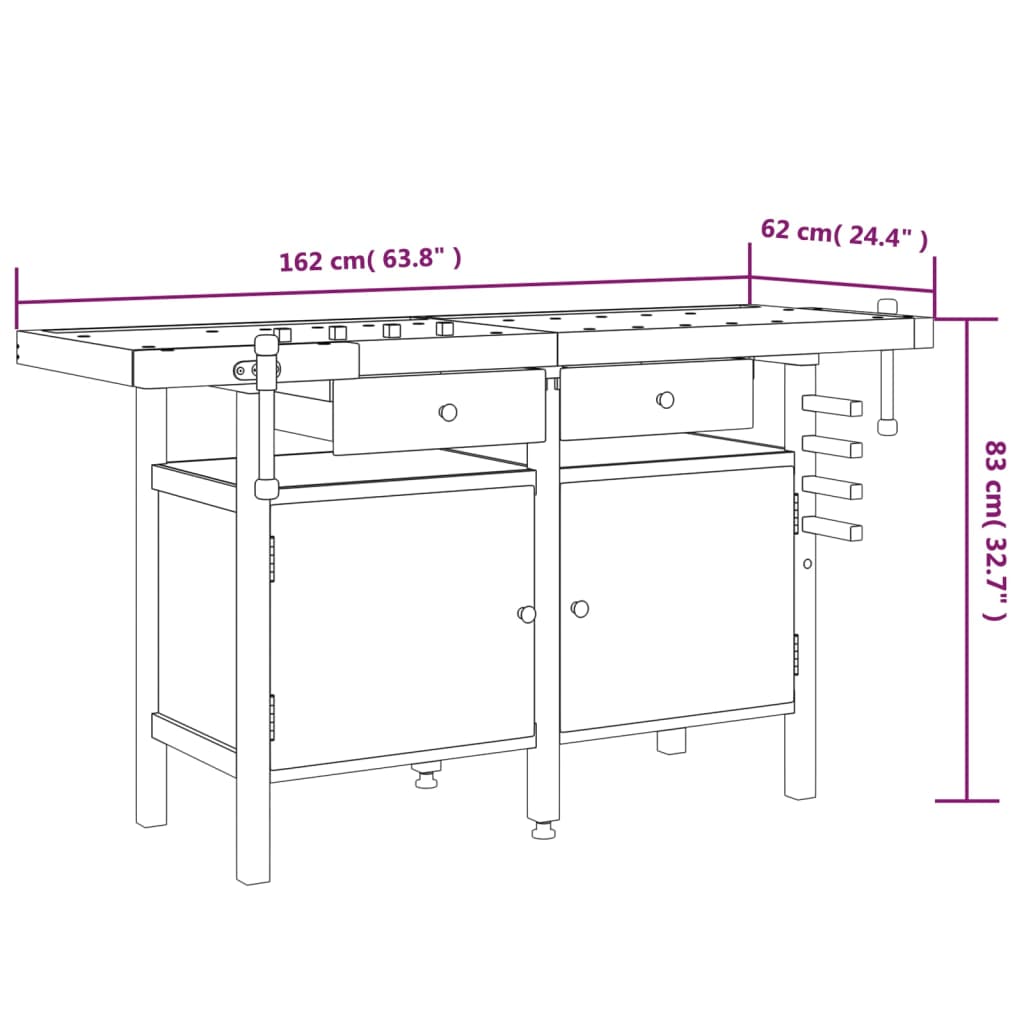 vidaXL Bancada de trabalho + gavetas/tornos 162x62x83 cm acácia maciça