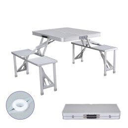 Marbueno|Marbueno Conjunto de Mesa e 4 Assentos c/ Furo p/ Guarda-Sol Dobrável Aluminio Cinza Camping e Praia 136X85X67 cm 10439