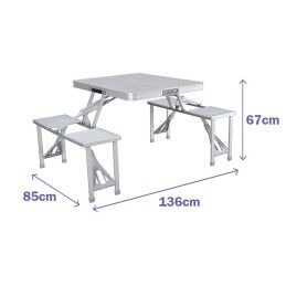 Marbueno|Marbueno Conjunto de Mesa e 4 Assentos c/ Furo p/ Guarda-Sol Dobrável Aluminio Cinza Camping e Praia 136X85X67 cm 10439