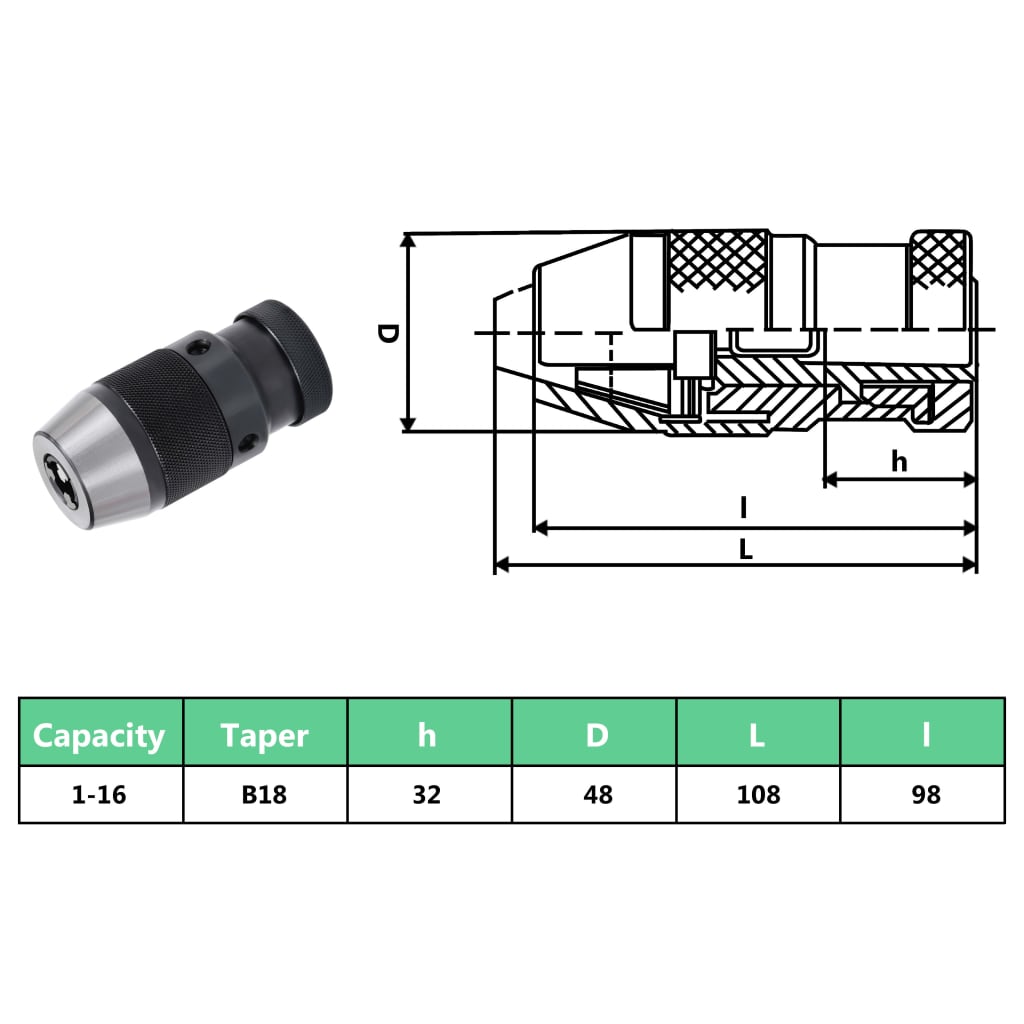 vidaXL Porta-brocas de libertação rápida MT2-B18 16 mm de aperto