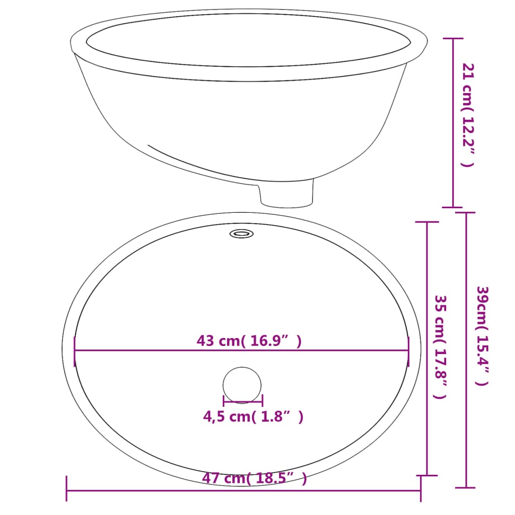 vidaXL Lavatório casa de banho oval 47x39x21 cm cerâmica branco