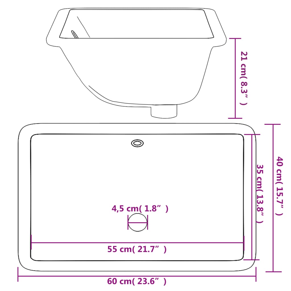 vidaXL Lavatório casa de banho retangular 60x40x21 cm cerâmica branco