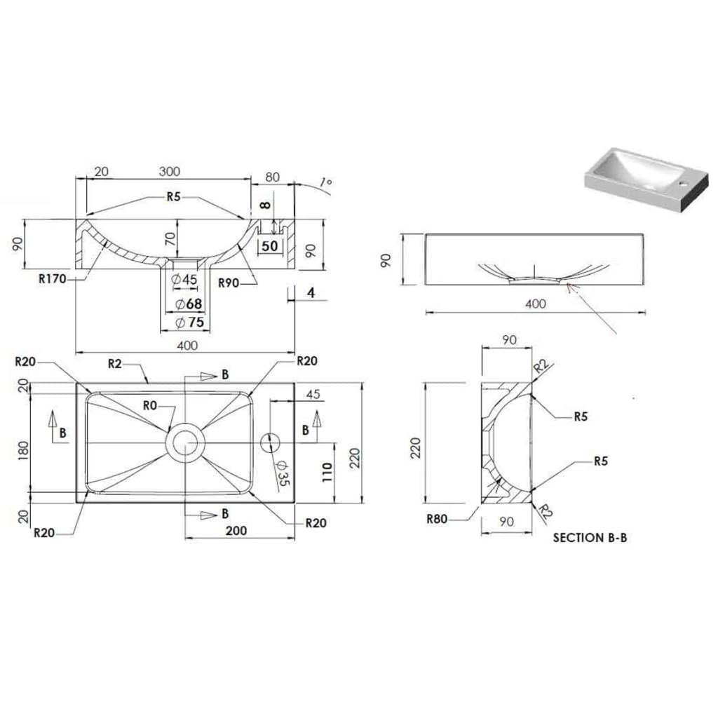 vidaXL Lavatório 400x220x90 mm SMC branco