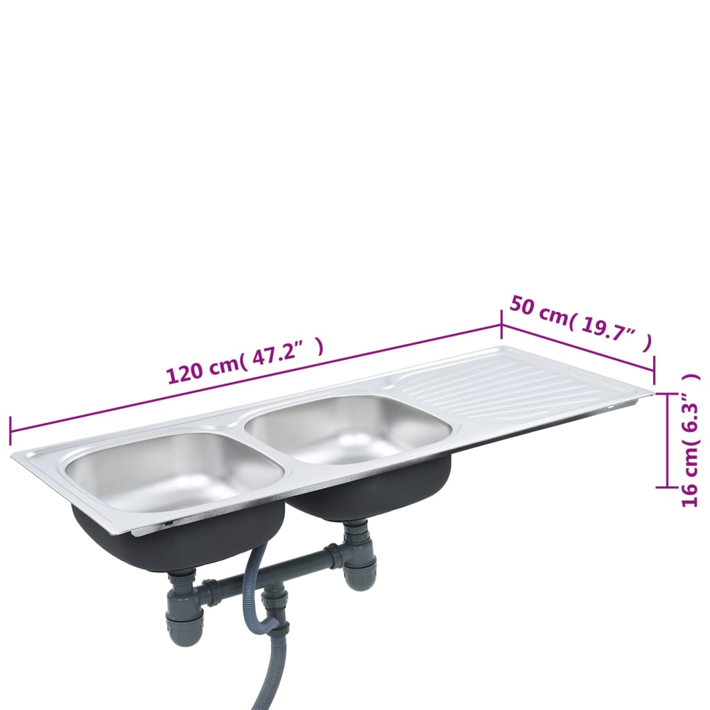 vidaXL Lava-louças de cozinha com 2 cubas ralo e sifão aço inoxidável