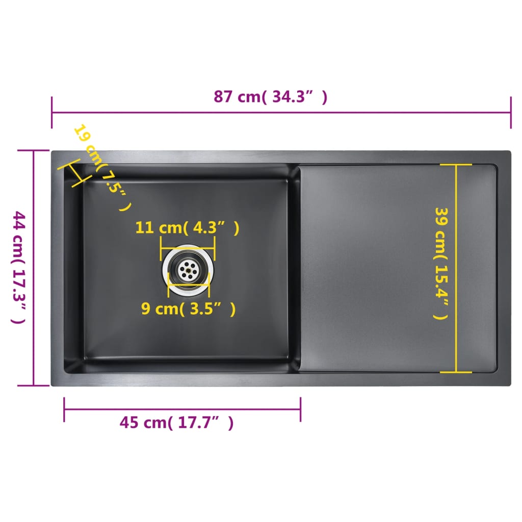 vidaXL Lava-louça de cozinha artesanal aço inoxidável preto