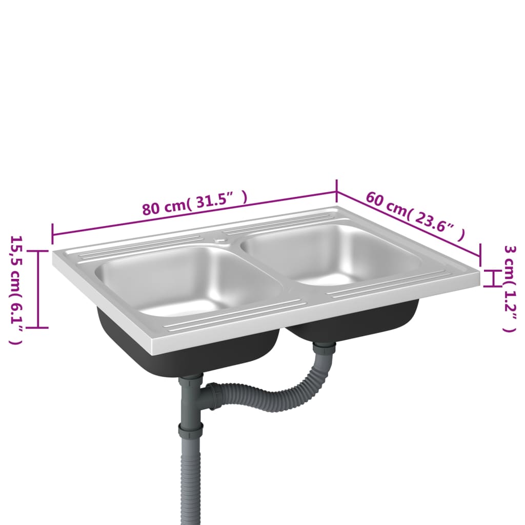 vidaXL Lava-louça cozinha + cuba dupla 800x600x155mm aço inox prateado