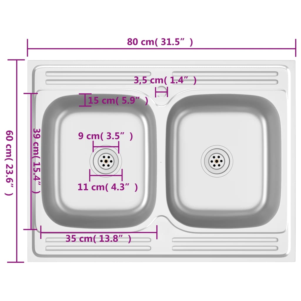 vidaXL Lava-louça cozinha + cuba dupla 800x600x155mm aço inox prateado