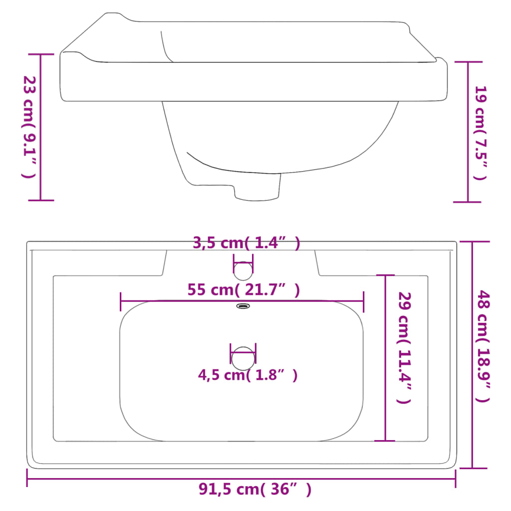 vidaXL Lavatório casa de banho retangular 91,5x48x23cm cerâmica branco