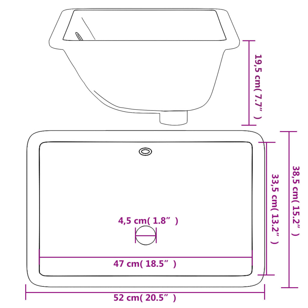 vidaXL Lavatório casa de banho retangular 52x38,5x19,5 cerâmica branco