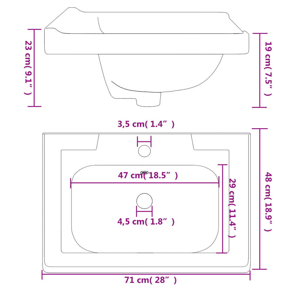 vidaXL Lavatório casa de banho retangular 71x48x23 cm cerâmica branco