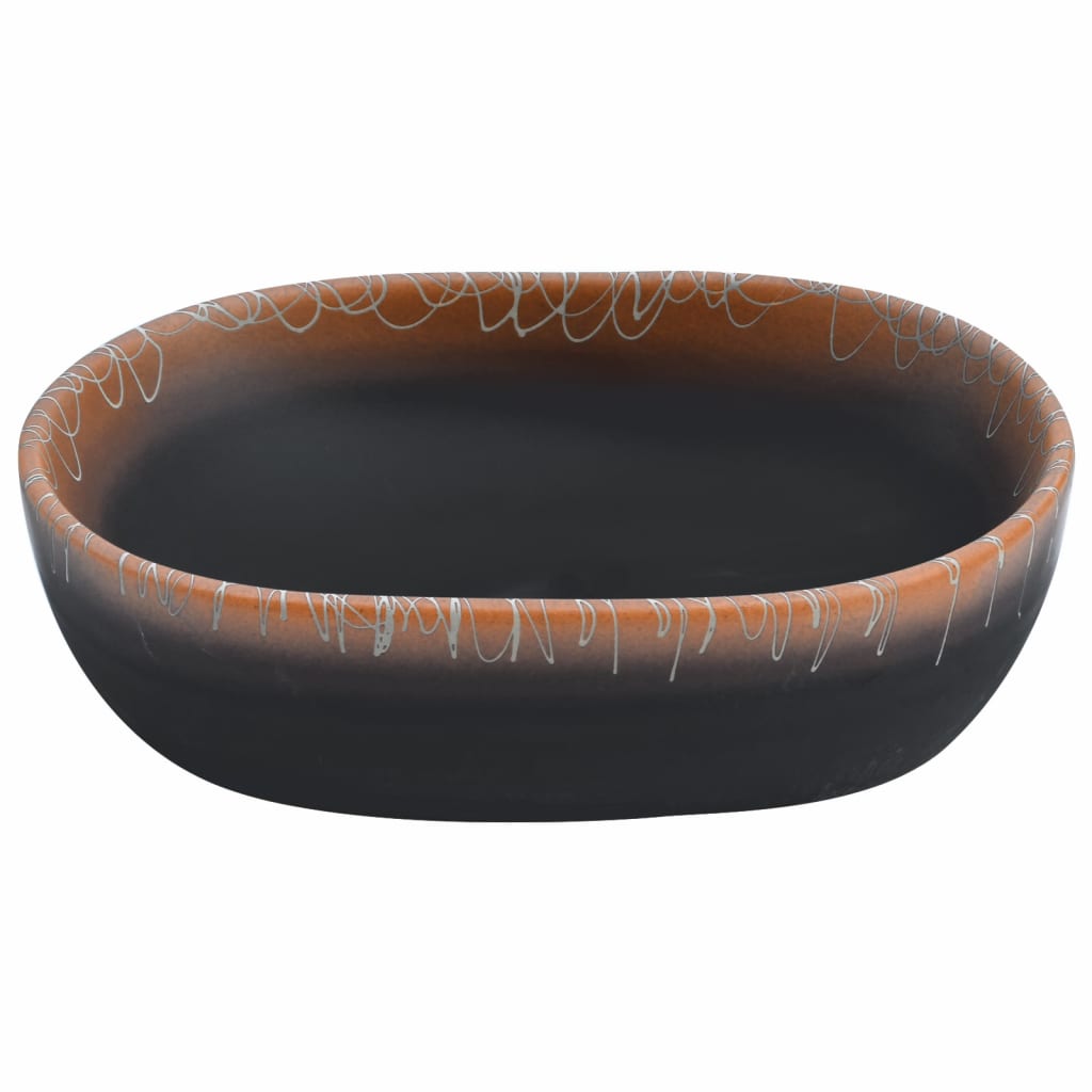 vidaXL Lavatório de bancada oval 47x33x13 cm cerâmica preto e laranja