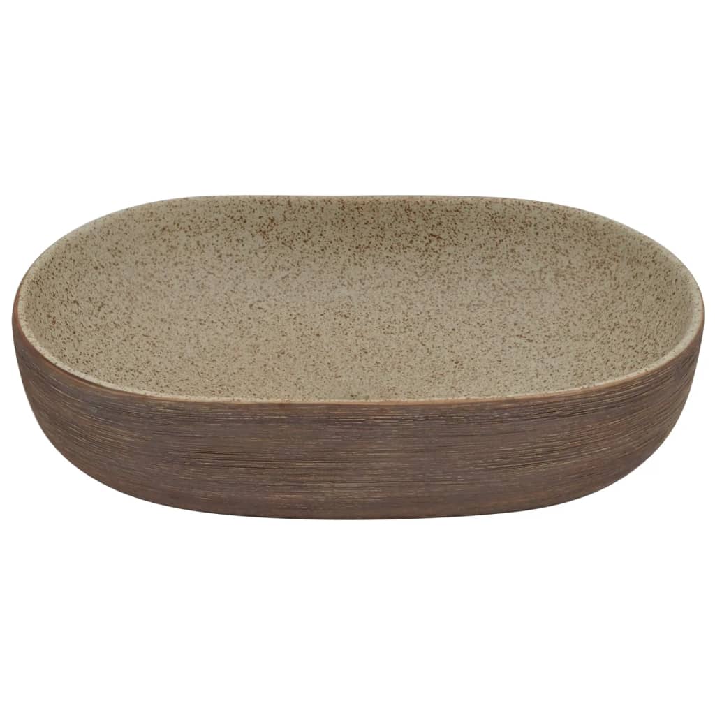 vidaXL Lavatório de bancada oval 59x40x14 cm cerâmica areia e castanho