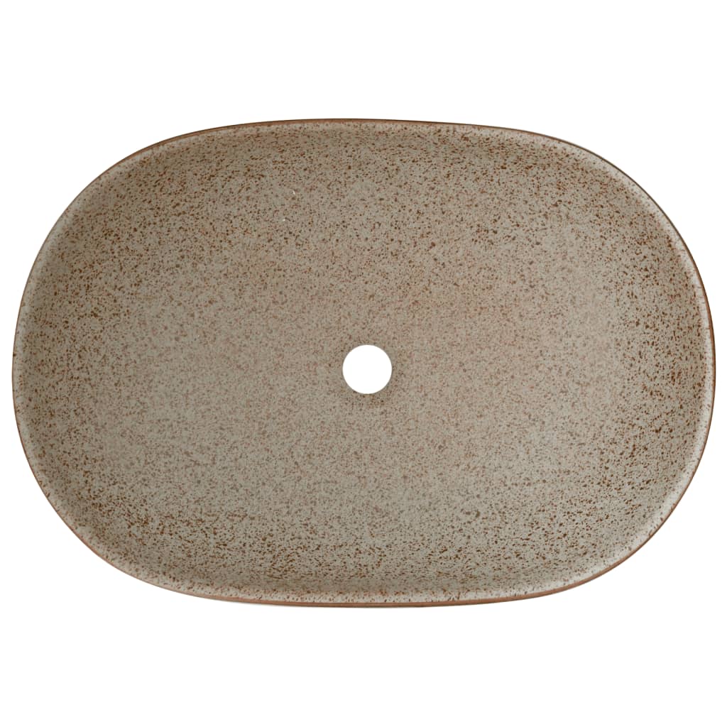 vidaXL Lavatório de bancada oval 59x40x14 cm cerâmica areia e castanho