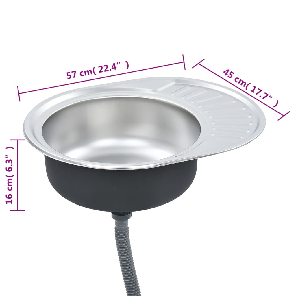 vidaXL Lava-louças de cozinha com ralo e sifão oval aço inoxidável