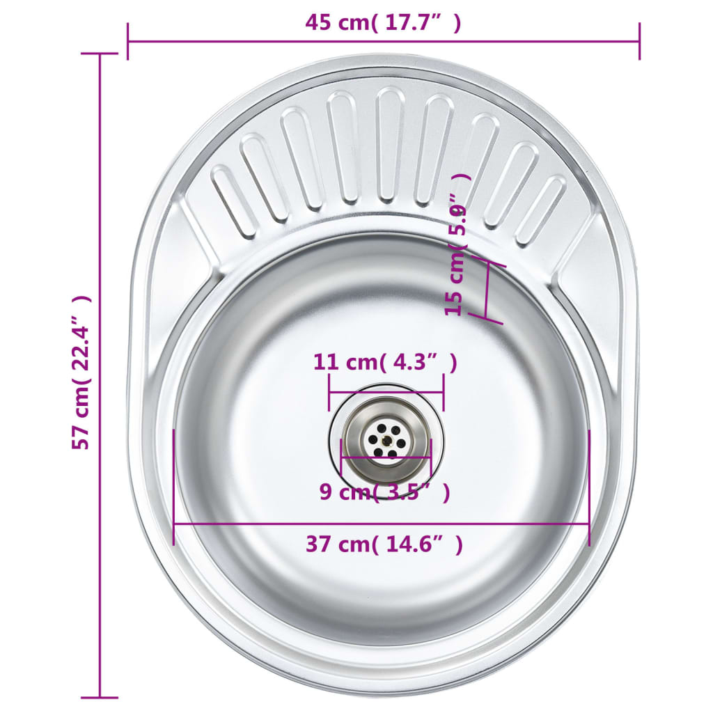 vidaXL Lava-louças de cozinha com ralo e sifão oval aço inoxidável