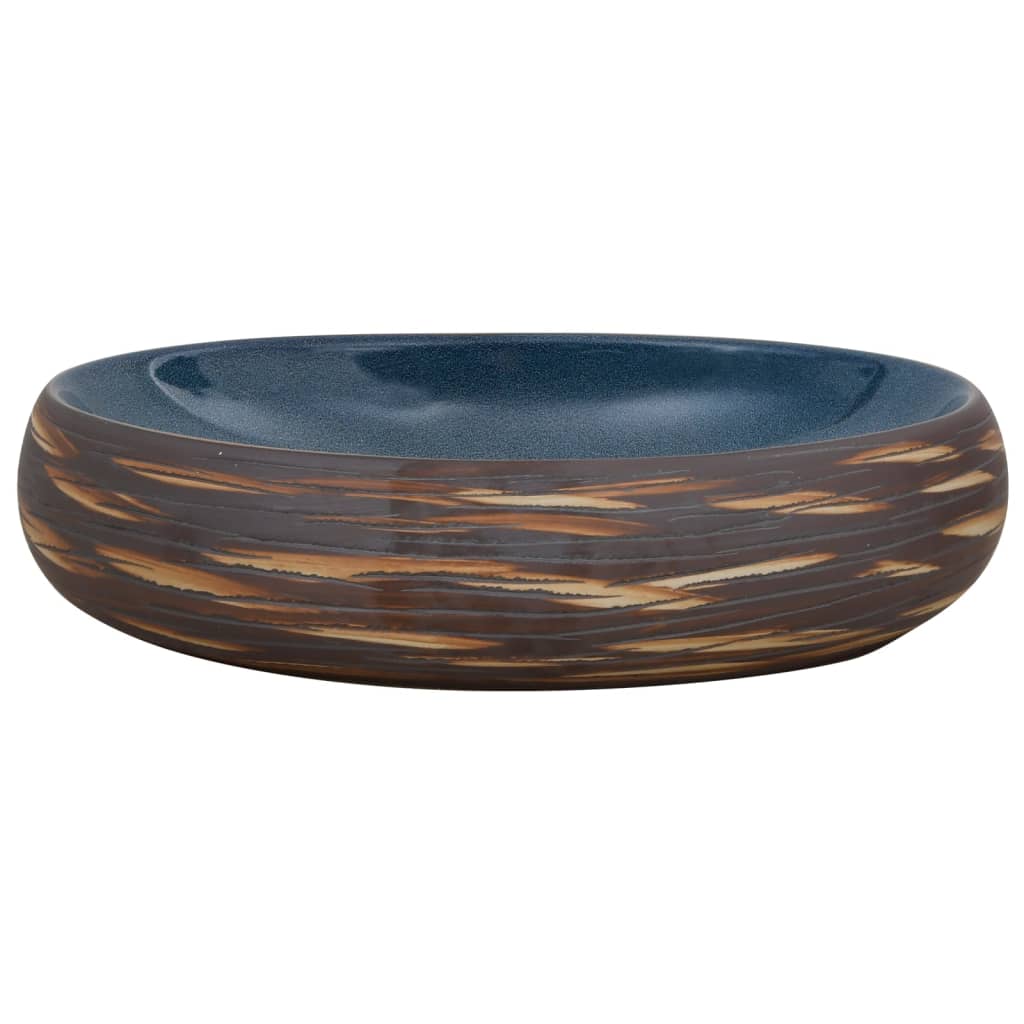 vidaXL Lavatório de bancada oval 59x40x15 cm cerâmica castanho e azul