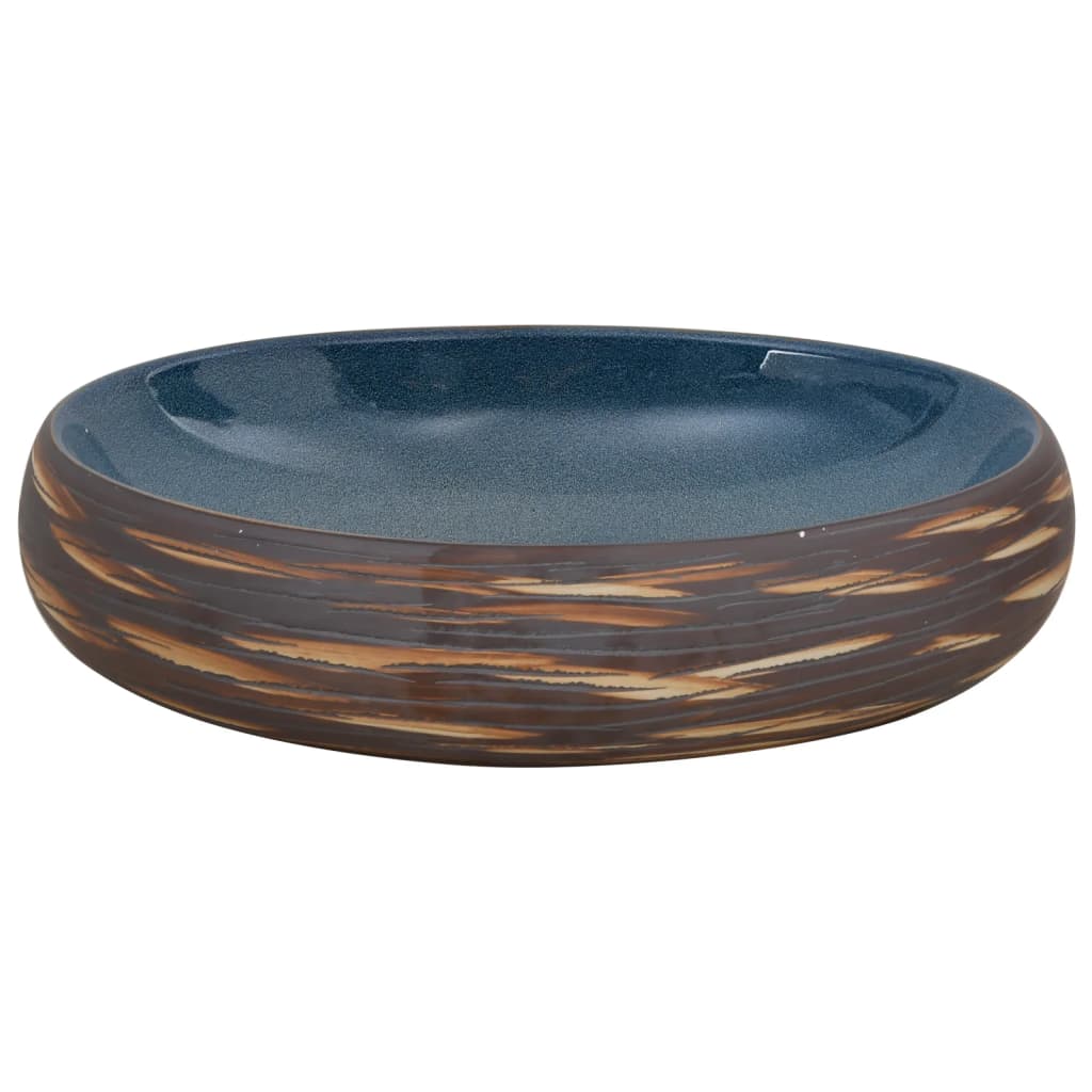 vidaXL Lavatório de bancada oval 59x40x15 cm cerâmica castanho e azul