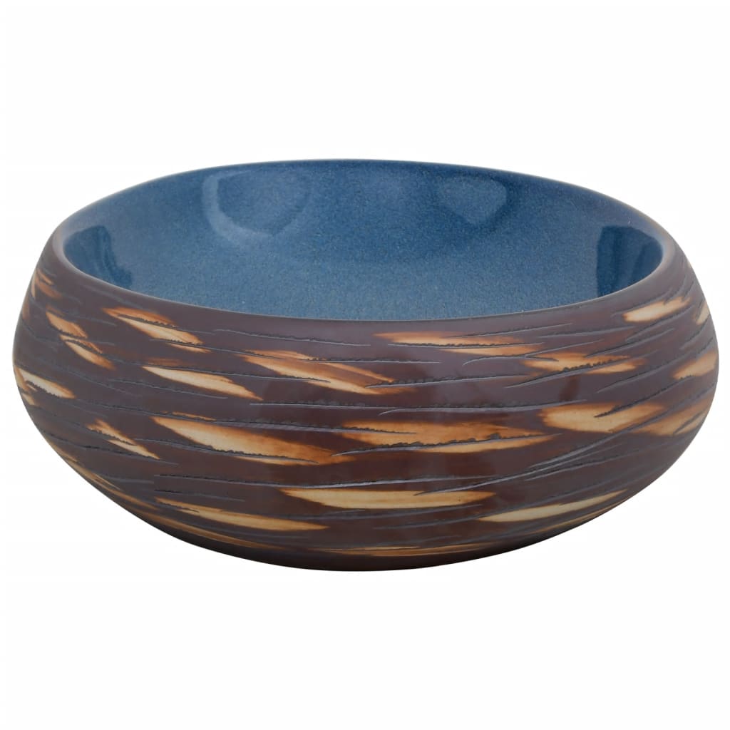 vidaXL Lavatório de bancada oval 59x40x15 cm cerâmica castanho e azul