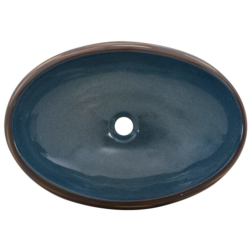 vidaXL Lavatório de bancada oval 59x40x15 cm cerâmica castanho e azul