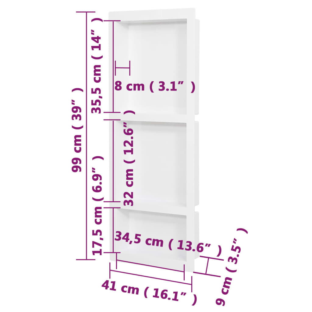 vidaXL Habitáculo chuveiro c/ 3 compartimentos 41x99x9 cm branco mate