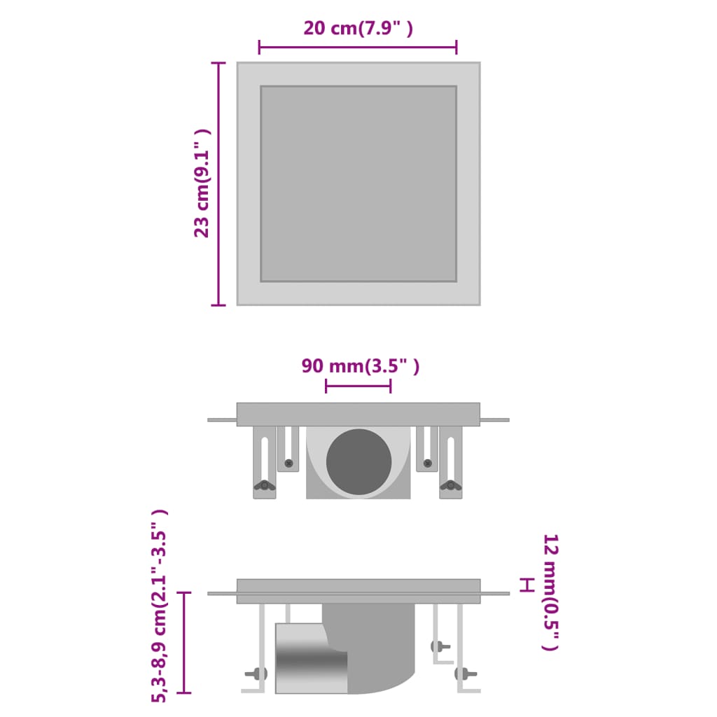 vidaXL Ralo chuveiro tampa plana/inserção ladrilho 23x23 cm aço inox.