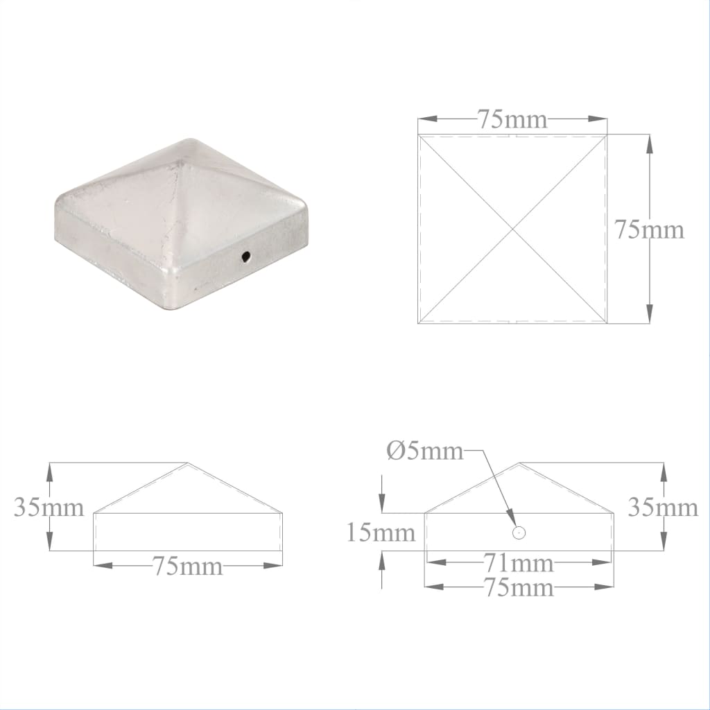 vidaXL Tampas piramidais postes vedação 6pcs metal galvanizado 71x71mm