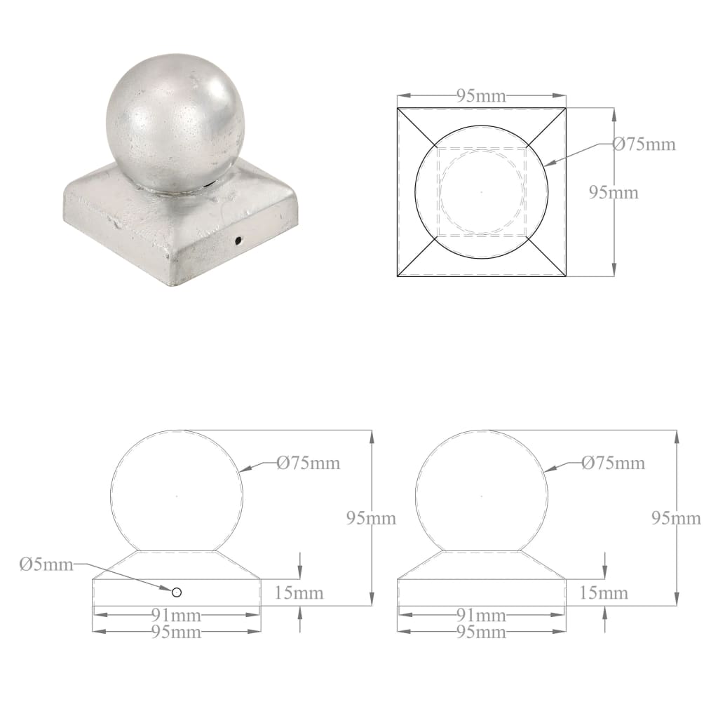 vidaXL Tampas globo p/ postes vedação 6 pcs metal galvanizado 91x91mm