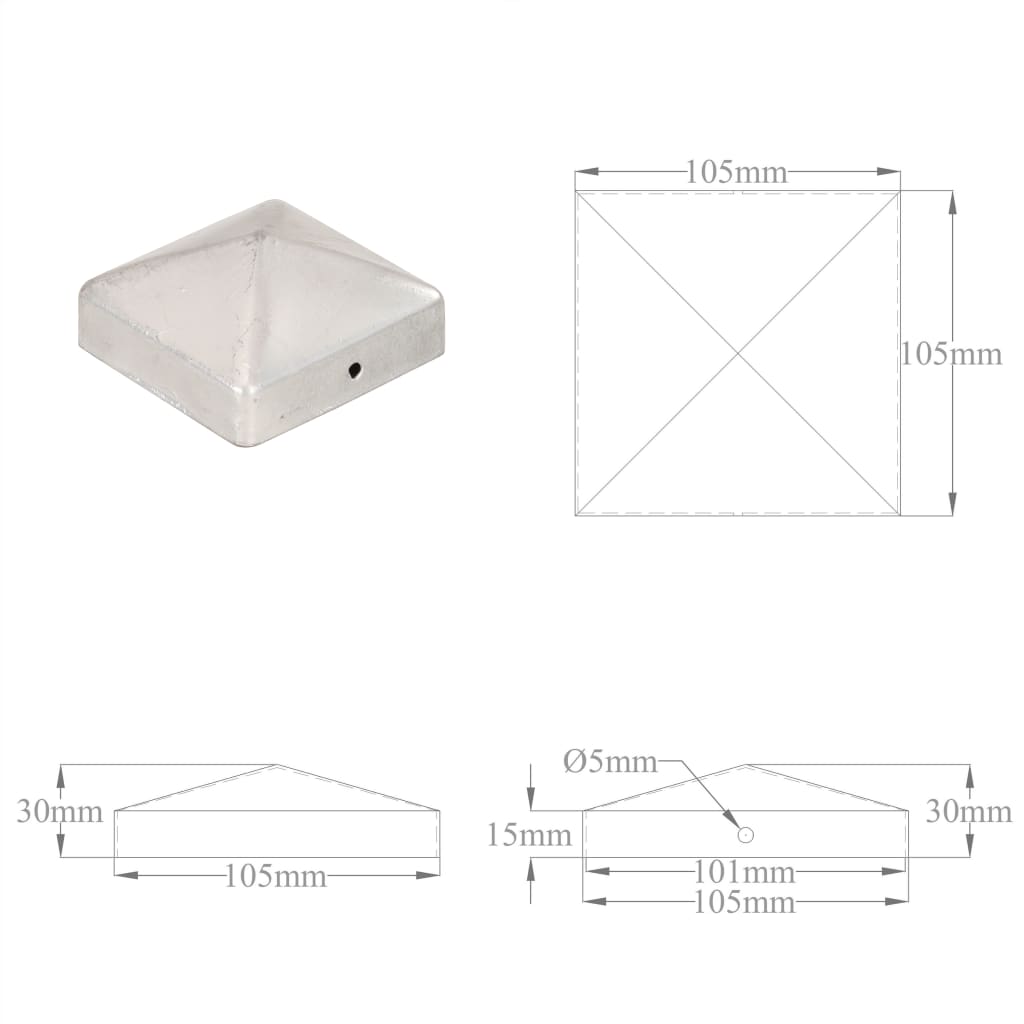 vidaXL Tampas piramidais postes vedação 6pcs metal galvaniz. 101x101mm