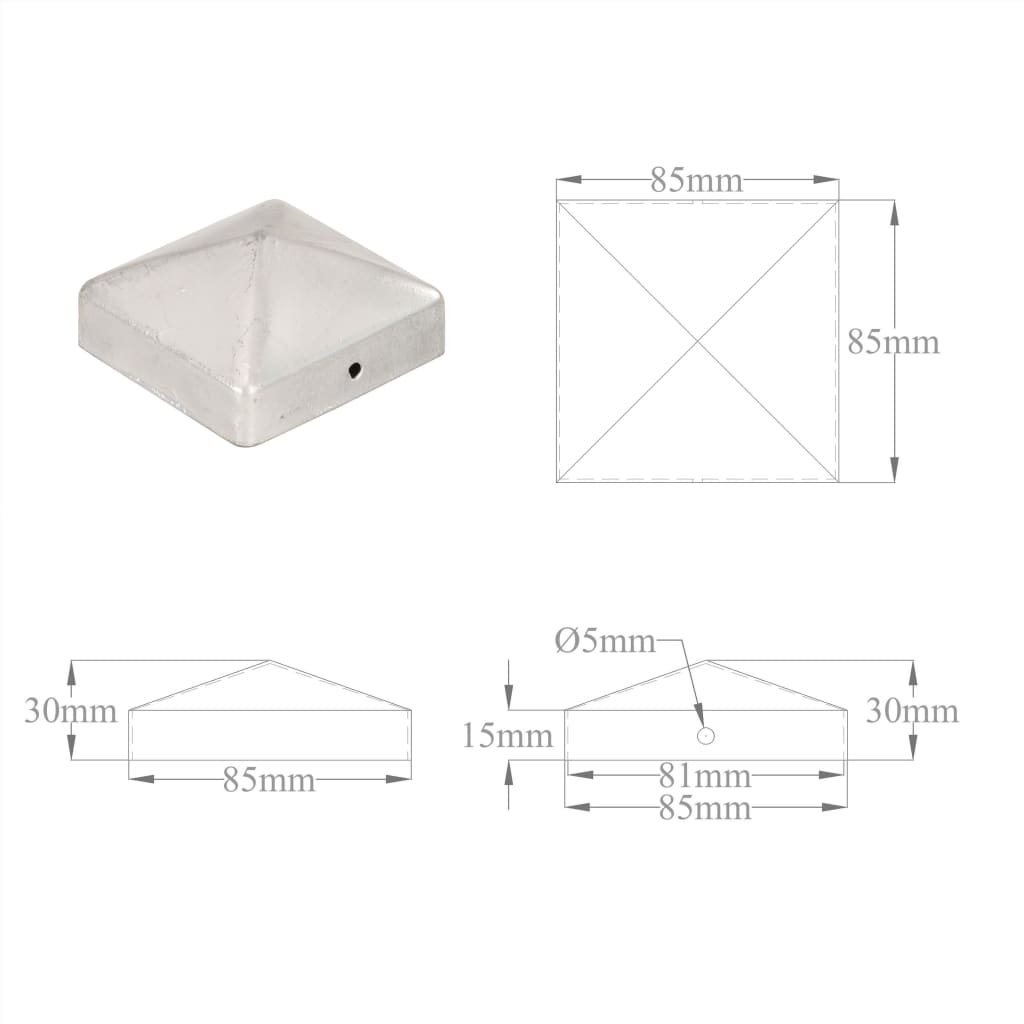 vidaXL Tampas piramidais postes vedação 6pcs metal galvanizado 81x81mm