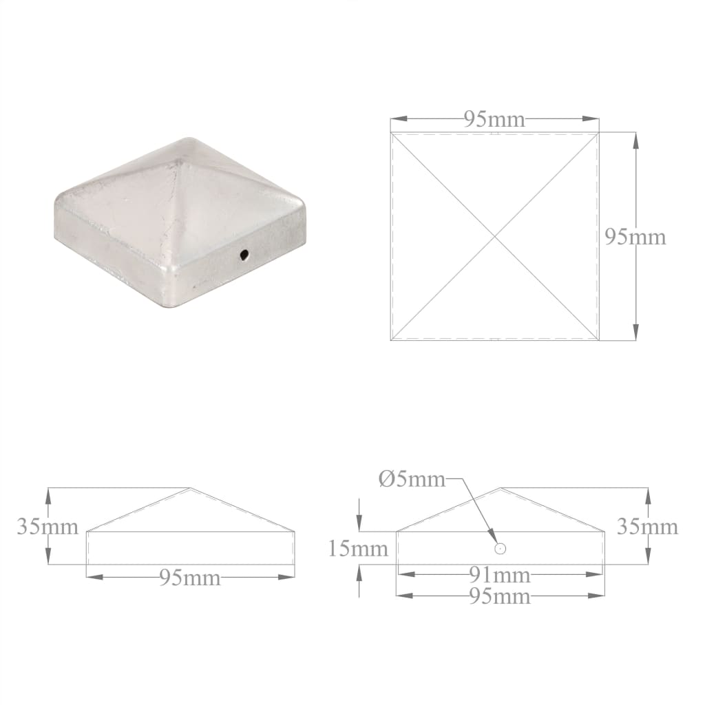 vidaXL Tampas piramidais postes vedação 6pcs metal galvanizado 91x91mm