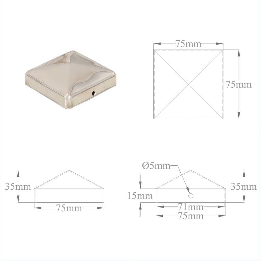 vidaXL Tampas piramidais p/ postes vedação 6pcs aço inoxidável 71x71mm