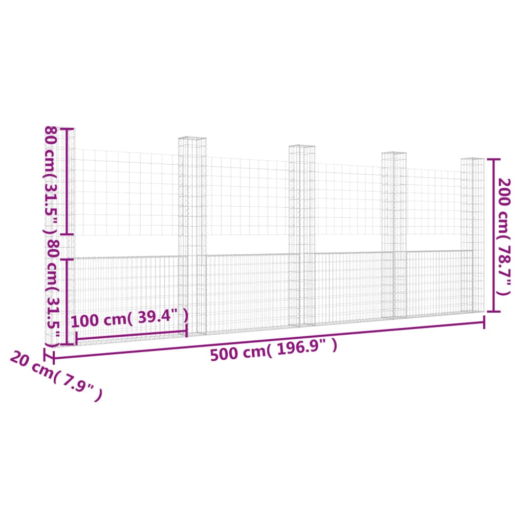 vidaXL Cesto gabião em forma de U c/ 5 postes 500x20x200 cm ferro