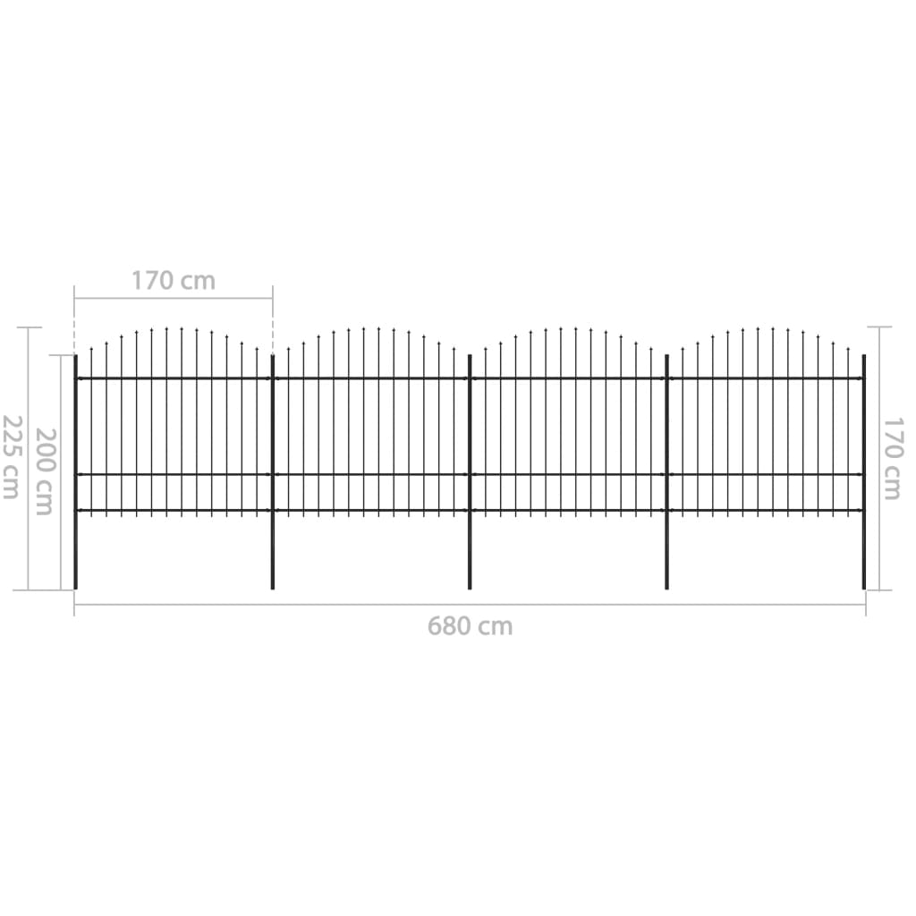 vidaXL Cerca de jardim com topo em lanças (1,5-1,75)x6,8 m aço preto