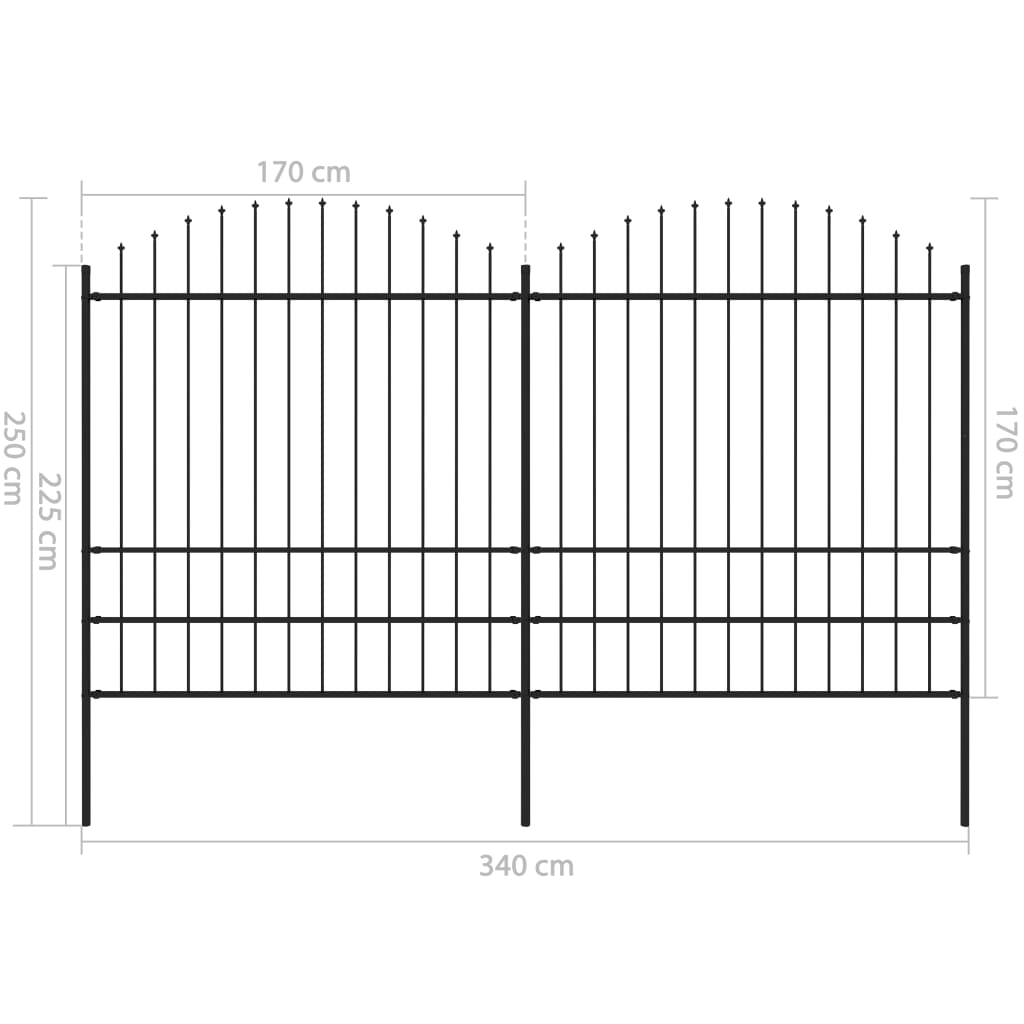 vidaXL Cerca de jardim com topo em lanças (1,75-2)x3,4 m aço preto