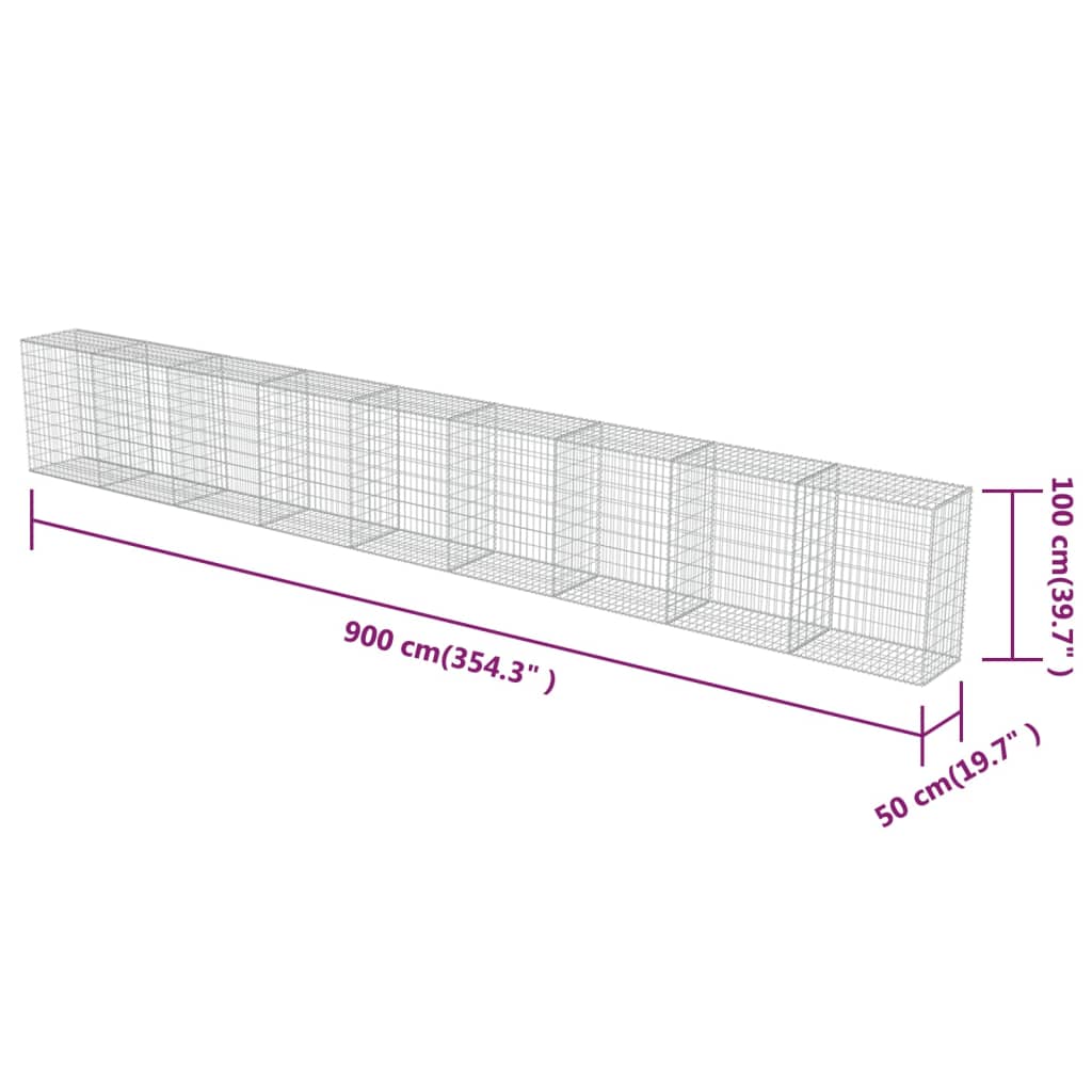 vidaXL Muro gabião com tampas aço galvanizado 900x50x100 cm