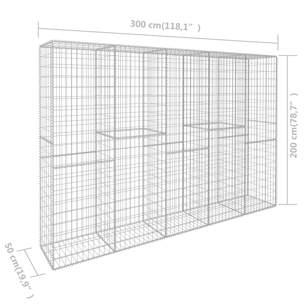 vidaXL Muro gabião com tampa aço galvanizado 300x50x200 cm