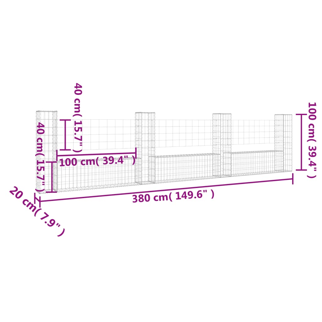 vidaXL Cesto gabião em forma de U c/ 4 postes 380x20x100 cm ferro