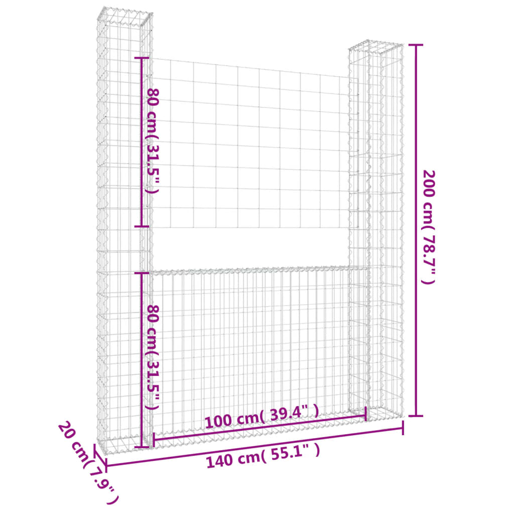 vidaXL Cesto gabião em forma de U c/ 2 postes 140x20x200 cm ferro