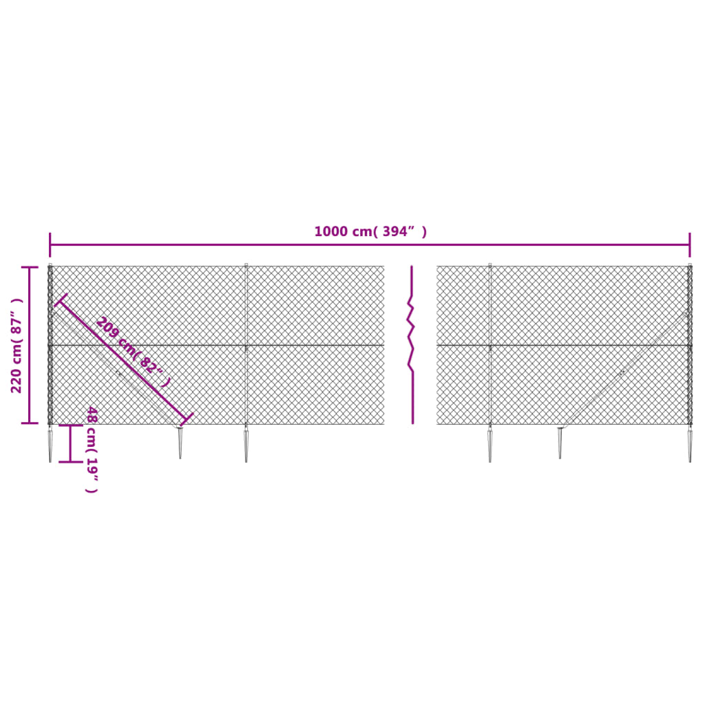 vidaXL Cerca de arame com estacas de fixação 2,2x10 m prateado