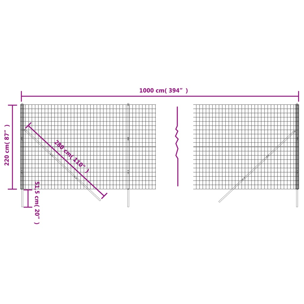 vidaXL Cerca de malha de arame 2,2x10 m aço galvanizado antracite