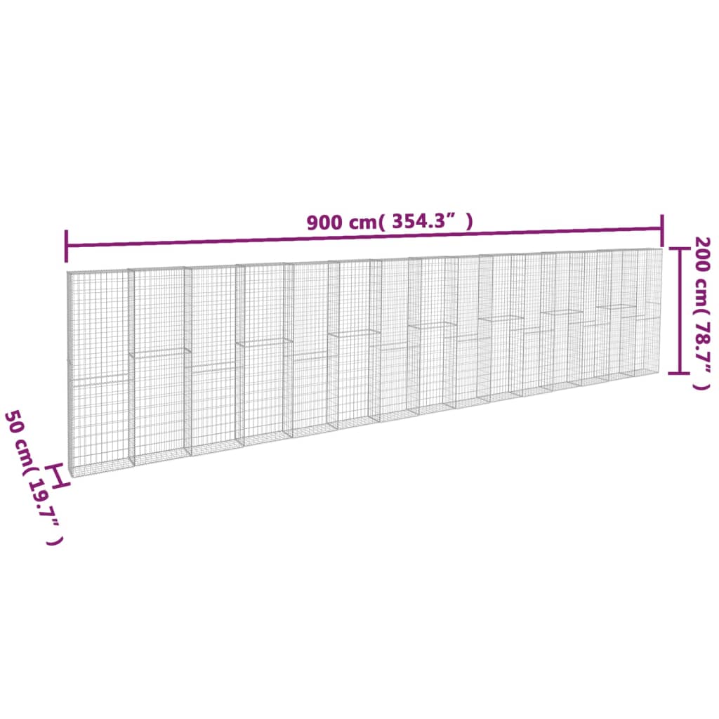 vidaXL Muro gabião com tampas aço galvanizado 900x50x200 cm