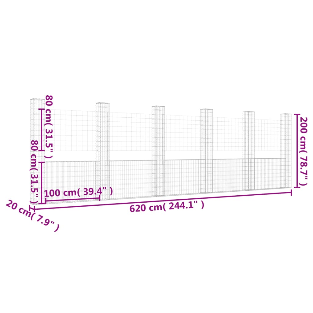 vidaXL Cesto gabião em forma de U c/ 6 postes 620x20x200 cm ferro