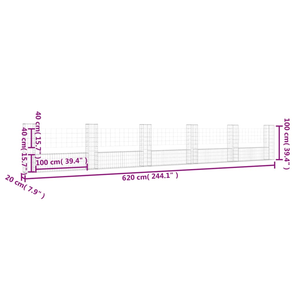 vidaXL Cesto gabião em forma de U c/ 6 postes 620x20x100 cm ferro