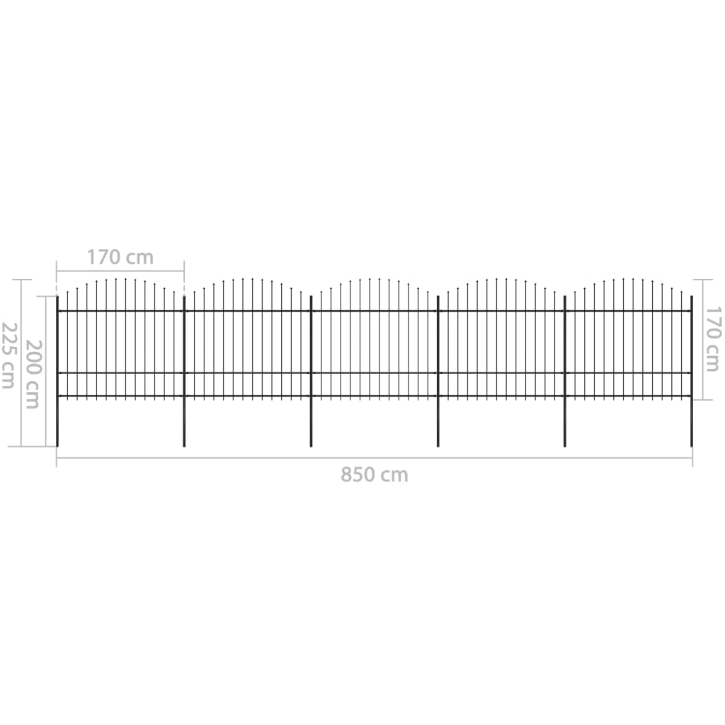 vidaXL Cerca de jardim com topo em lanças (1,5-1,75)x8,5 m aço preto