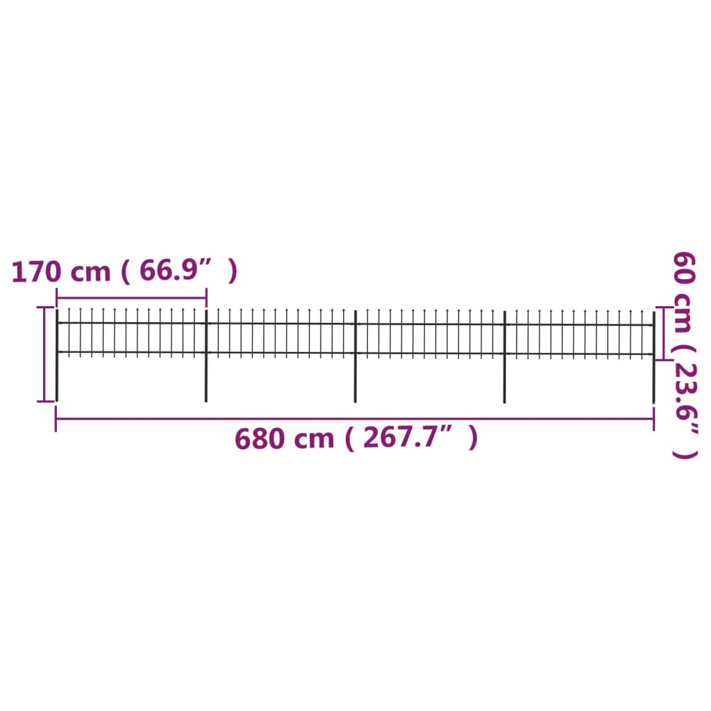 vidaXL Cerca de jardim com topo em lanças 6,8x0,6 m aço preto