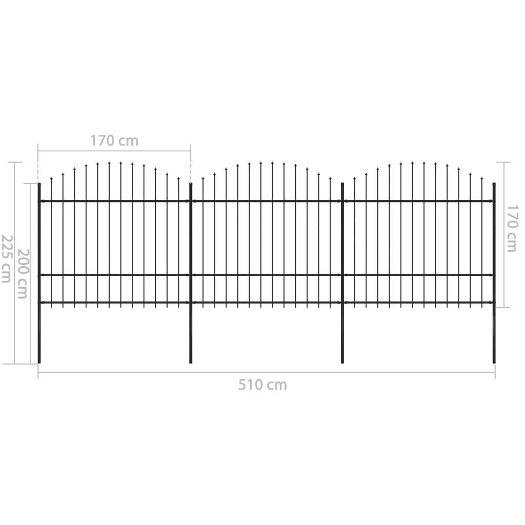 vidaXL Cerca de jardim com topo em lanças (1,5-1,75)x5,1 m aço preto