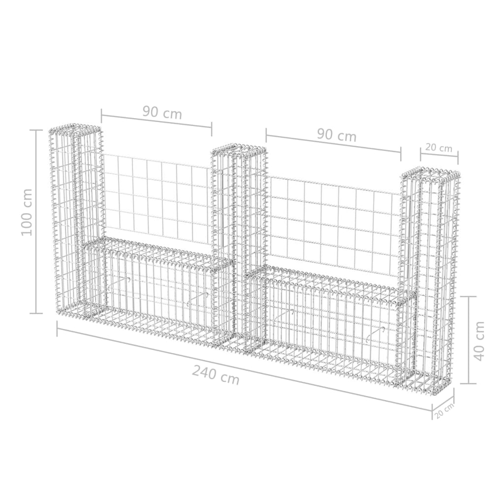 vidaXL Cesto gabião em forma de U aço galvanizado 240x20x100 cm