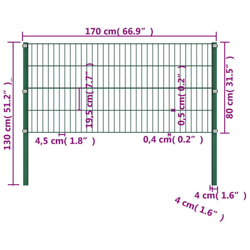 vidaXL Painel de vedação com postes ferro 1,7x0,8 m verde