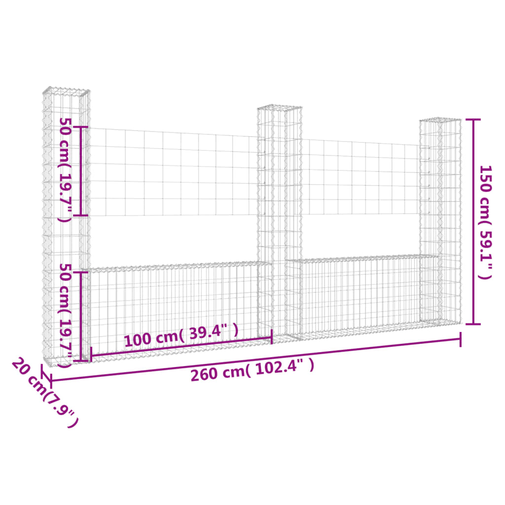 vidaXL Cesto gabião em forma de U c/ 3 postes 260x20x150 cm ferro