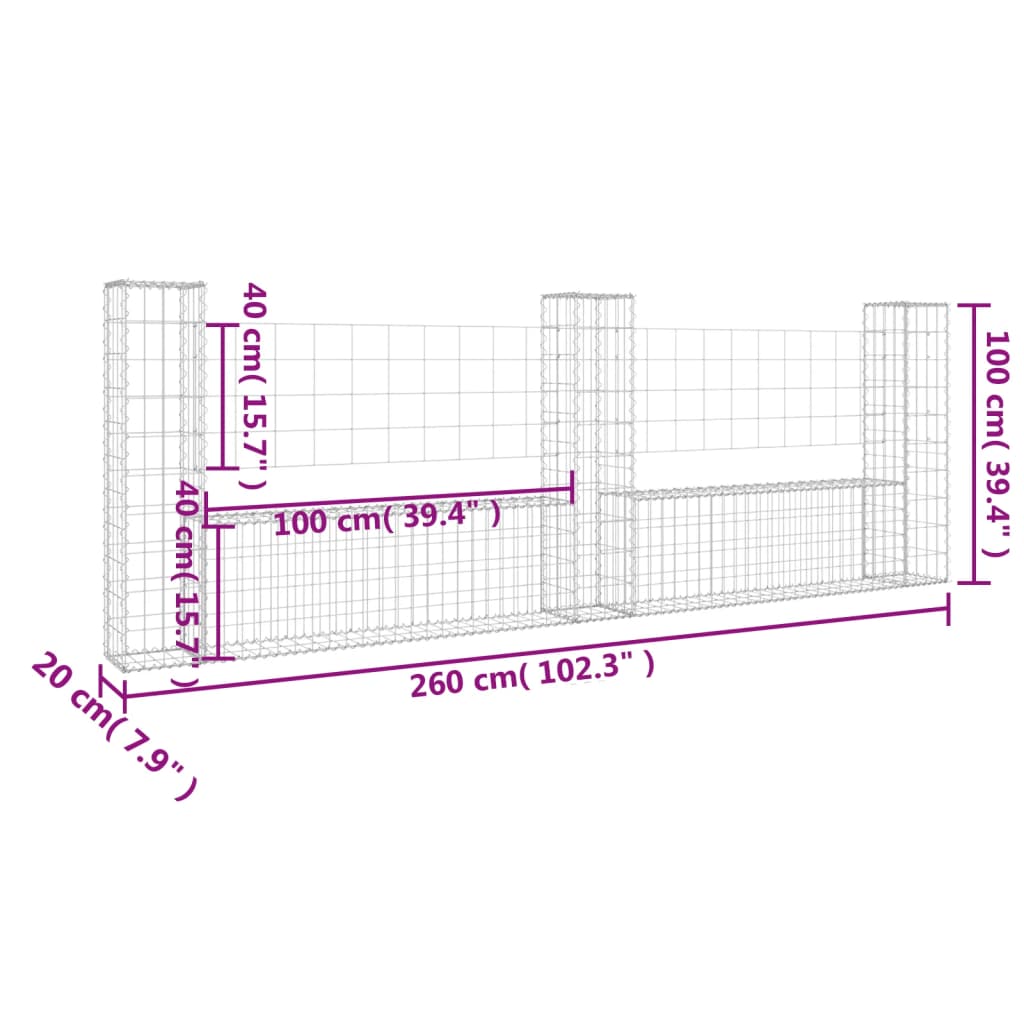 vidaXL Cesto gabião em forma de U c/ 3 postes 260x20x100 cm ferro